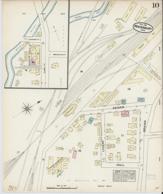 Sanborn Fire Insurance Map from Waterbury, New Haven County, Connecticut (1884), Sheet #0010 - Historic Sanborn Fire Insurance Map Print, vintage old map wall art, antique decor, genealogy gift, Connecticut Connecticut map
