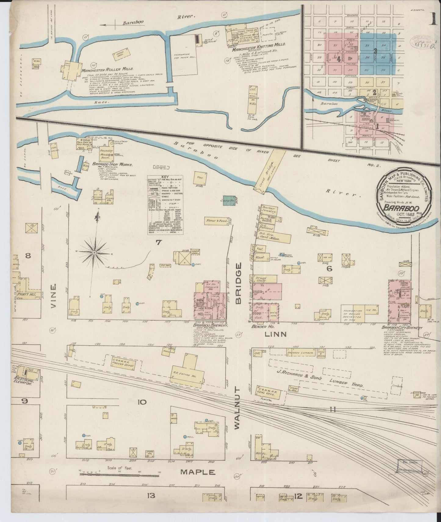 Sanborn Fire Insurance Map from Baraboo, Sauk County, Wisconsin (1885), Sheet #0001 - Historic Sanborn Fire Insurance Map Print, vintage old map wall art, antique decor, genealogy gift, Wisconsin Wisconsin map