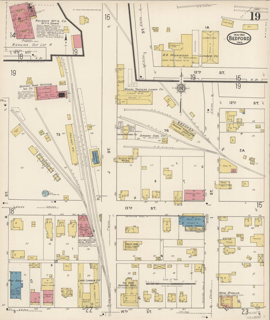 Sanborn Fire Insurance Map from Bedford, Lawrence County, Indiana (1922), Sheet #0019 - Historic Sanborn Fire Insurance Map Print, vintage old map wall art, antique decor, genealogy gift, Indiana Indiana map