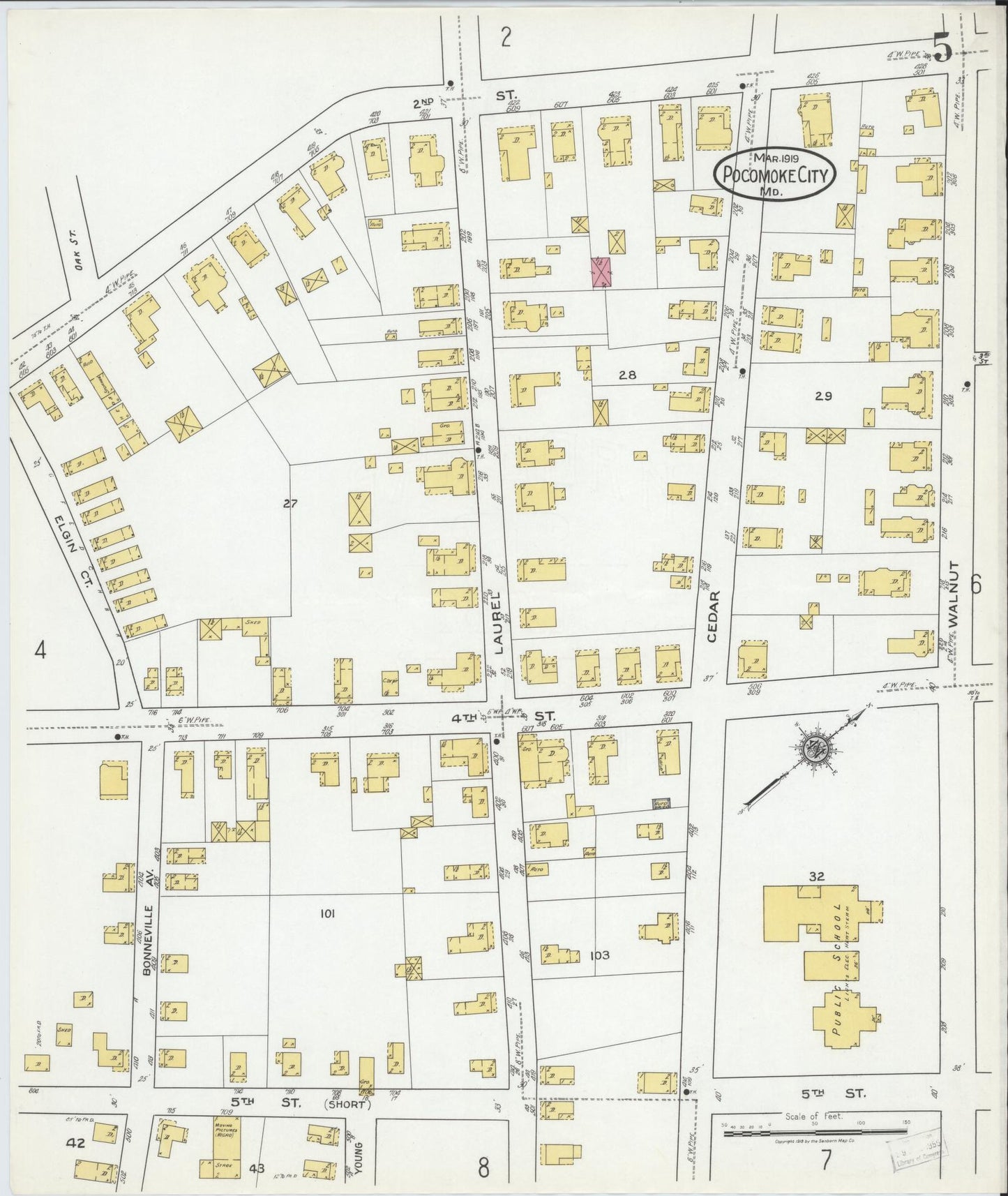 Sanborn Fire Insurance Map from Pocomoke City, Worcester County, Maryland (1919), Sheet #0005 - Historic Sanborn Fire Insurance Map Print, vintage old map wall art