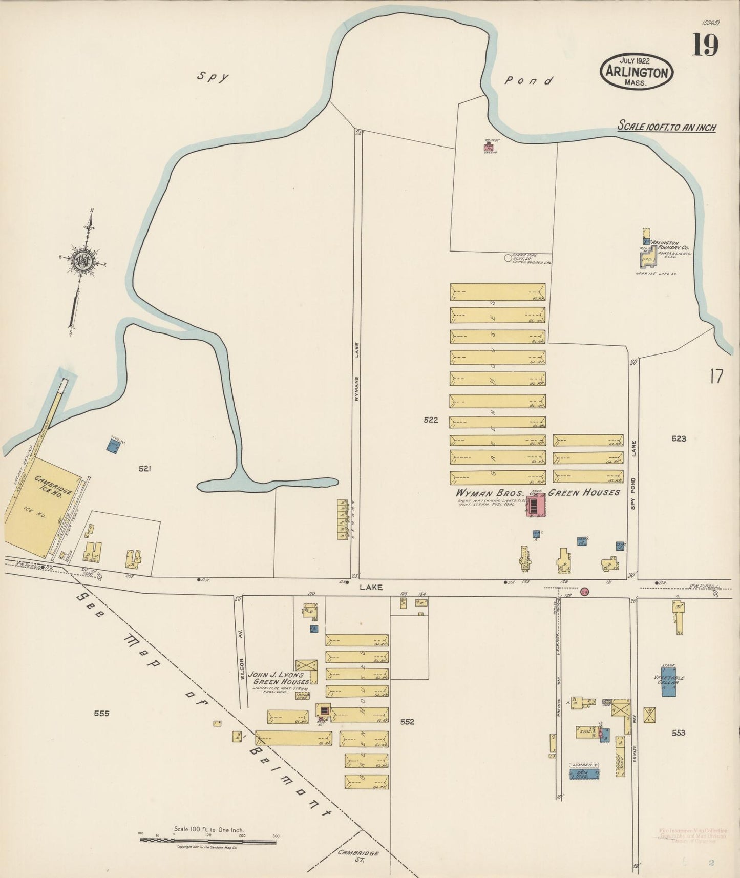 Sanborn Fire Insurance Map from Arlington, Middlesex County, Massachusetts (1922), Sheet #0019 - Historic Sanborn Fire Insurance Map Print, vintage old map wall art, antique decor, genealogy gift, Massachusetts Massachusetts map