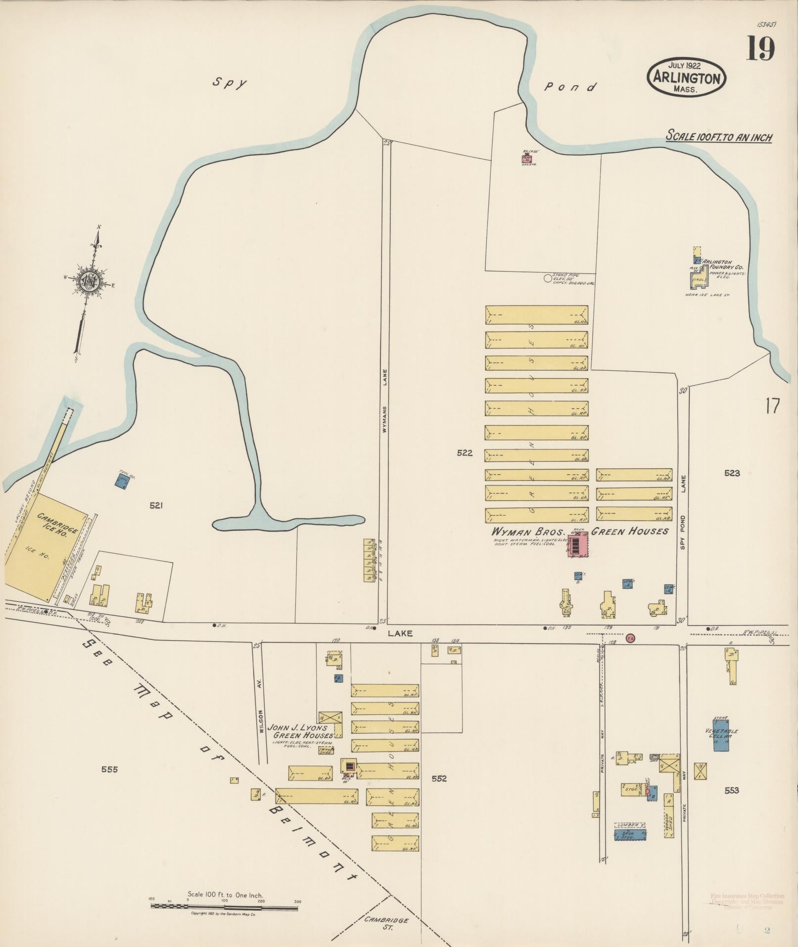Sanborn Fire Insurance Map from Arlington, Middlesex County, Massachusetts (1922), Sheet #0019 - Historic Sanborn Fire Insurance Map Print, vintage old map wall art, antique decor, genealogy gift, Massachusetts Massachusetts map