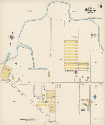 Sanborn Fire Insurance Map from Arlington, Middlesex County, Massachusetts (1922), Sheet #0019 - Historic Sanborn Fire Insurance Map Print, vintage old map wall art, antique decor, genealogy gift, Massachusetts Massachusetts map