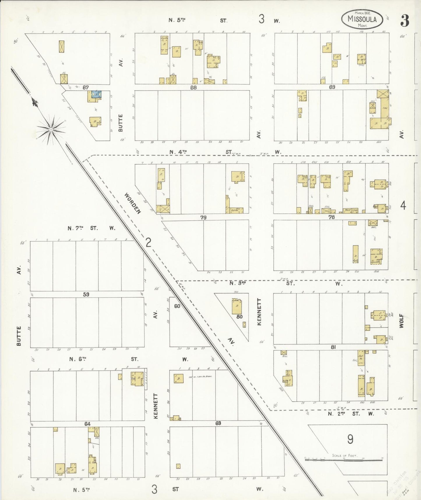 Sanborn Fire Insurance Map from Missoula, Missoula County, Montana (1902), Sheet #0003 - Historic Sanborn Fire Insurance Map Print, vintage old map wall art, antique decor, genealogy gift, Montana Montana map