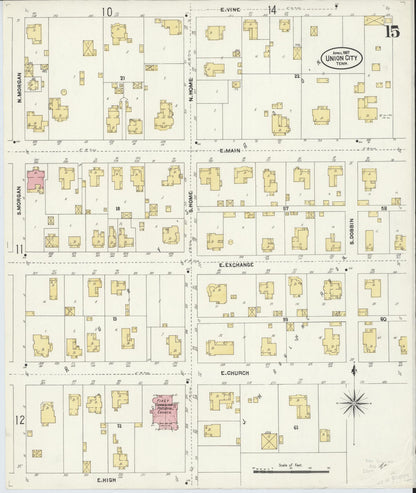 Sanborn Fire Insurance Map from Union City, Obion County, Tennessee (1907), Sheet #0015 - Complete Map Set gallery image, historic Sanborn map, vintage wall art, Tennessee Tennessee