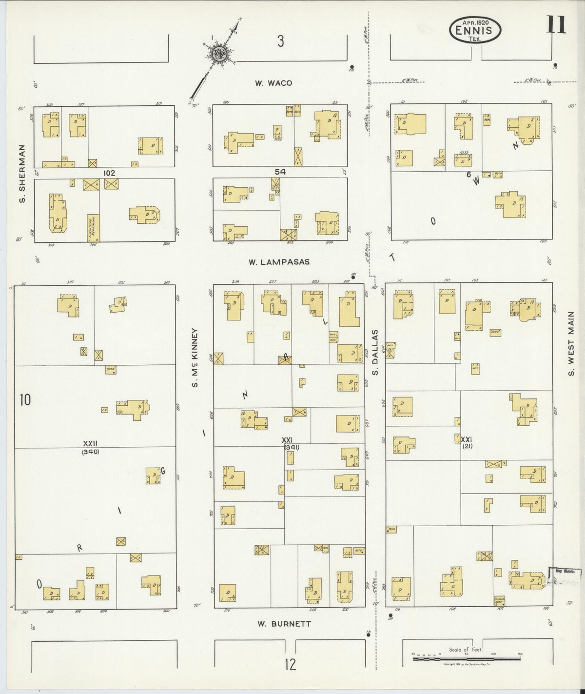 Sanborn Fire Insurance Map from Ennis, Ellis County, Texas (1920), Sheet #0011 - Historic Sanborn Fire Insurance Map Print, vintage old map wall art, antique decor, genealogy gift, Texas Texas map