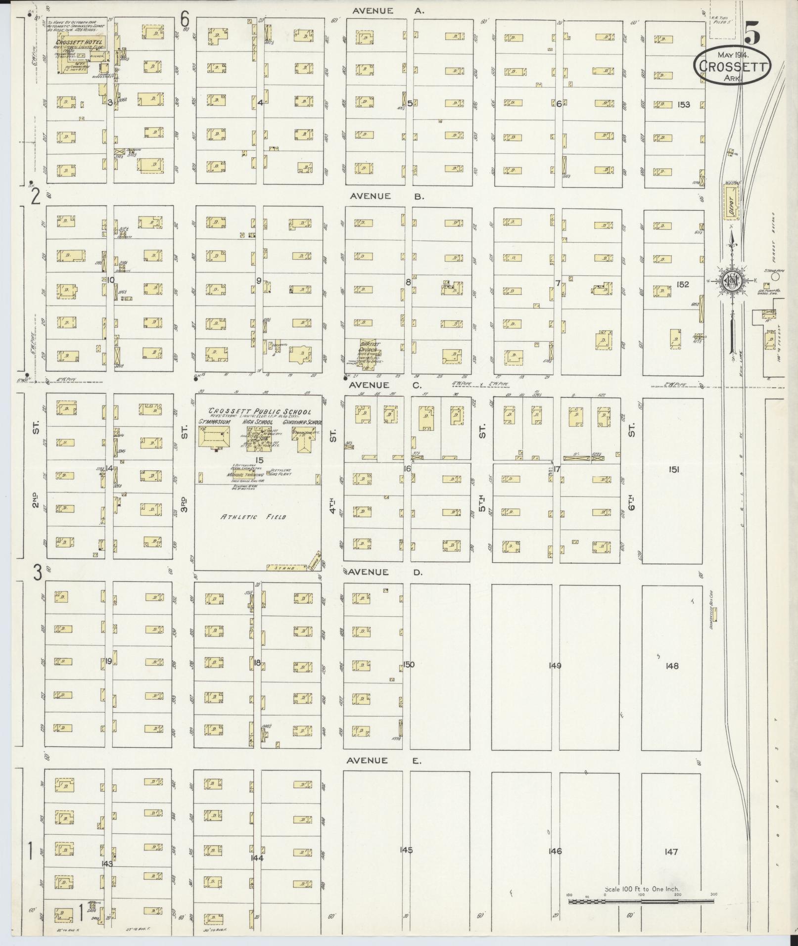 Sanborn Fire Insurance Map from Crossett, Ashley County, Arkansas (1914), Sheet #0005 - Historic Sanborn Fire Insurance Map Print, vintage old map wall art, antique decor, genealogy gift, Arkansas Arkansas map