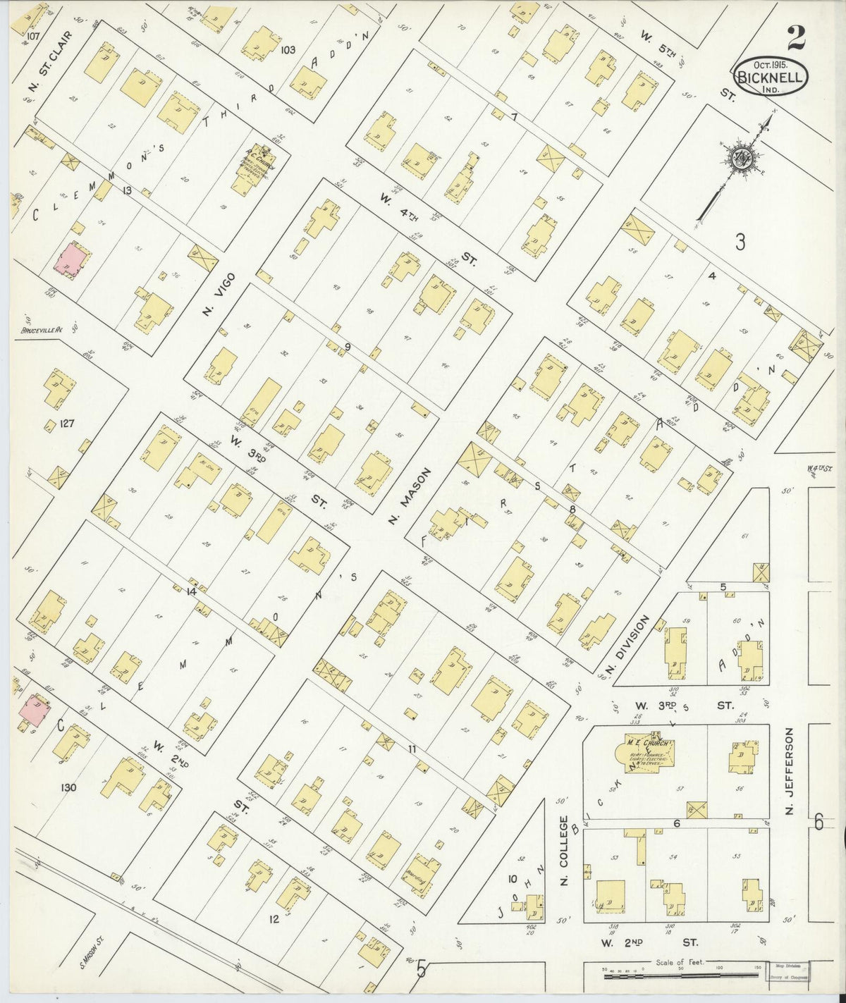 Sanborn Fire Insurance Map from Bicknell, Knox County, Indiana (1915), Sheet #0002 - Historic Sanborn Fire Insurance Map Print, vintage old map wall art, antique decor, genealogy gift, Indiana Indiana map