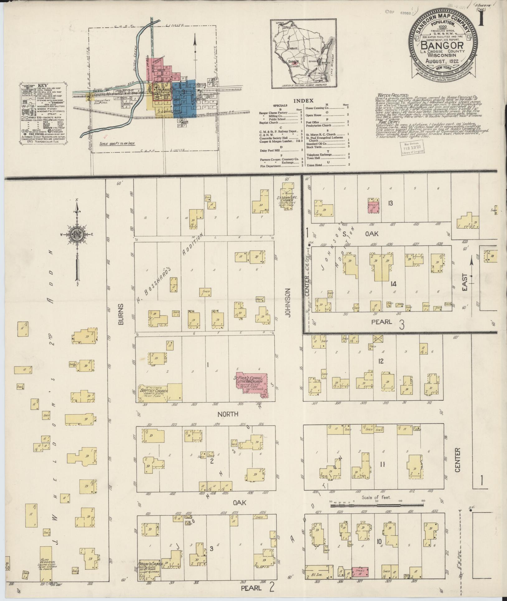 Sanborn Fire Insurance Map from Bangor, La Crosse County, Wisconsin (1922), Sheet #0001 - Historic Sanborn Fire Insurance Map Print, vintage old map wall art, antique decor, genealogy gift, Wisconsin Wisconsin map