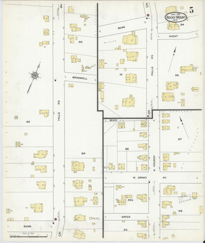 Sanborn Fire Insurance Map from Rocky Mount, Edgecombe And Nash Counties, North Carolina (1912), Sheet #0005 - Complete Map Set gallery image, historic Sanborn map, vintage wall art, North Carolina North Carolina