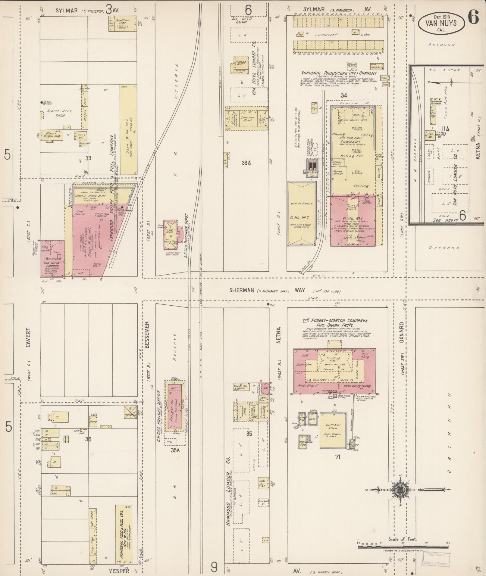Sanborn Fire Insurance Map from Van Nuys, Los Angeles County, California (1918), Sheet #0006 - Complete Map Set gallery image, historic Sanborn map, vintage wall art, California California