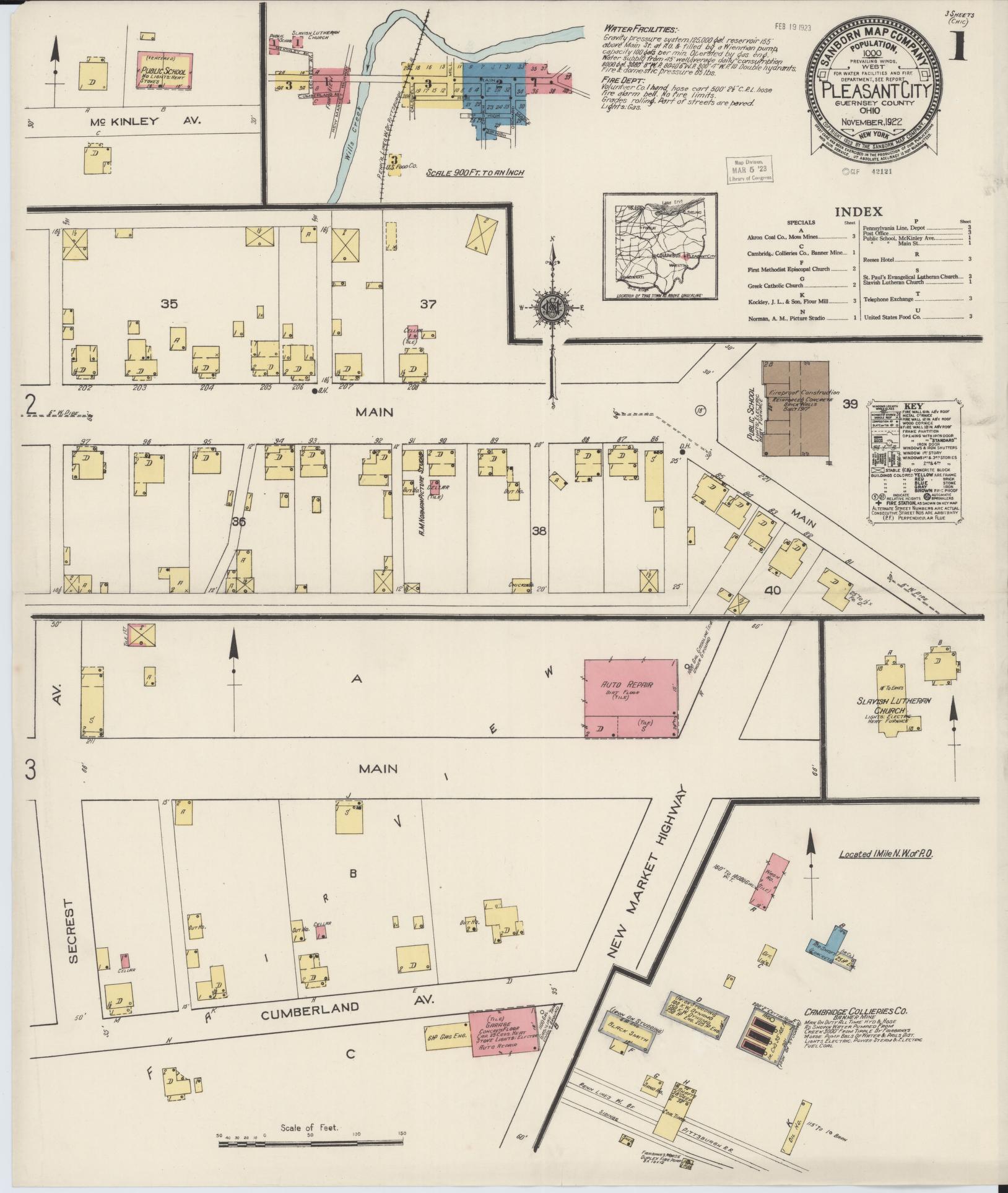 Sanborn Fire Insurance Map from Pleasant City, Guernsey County, Ohio (1922), Sheet #0001 - Historic Sanborn Fire Insurance Map Print, vintage old map wall art, antique decor, genealogy gift, Ohio Ohio map