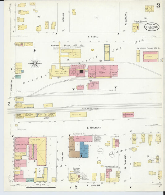 Sanborn Fire Insurance Map from Saint Johns, Clinton County, Michigan (1908), Sheet #0003 - Historic Sanborn Fire Insurance Map Print, vintage old map wall art, antique decor, genealogy gift, Michigan Michigan map