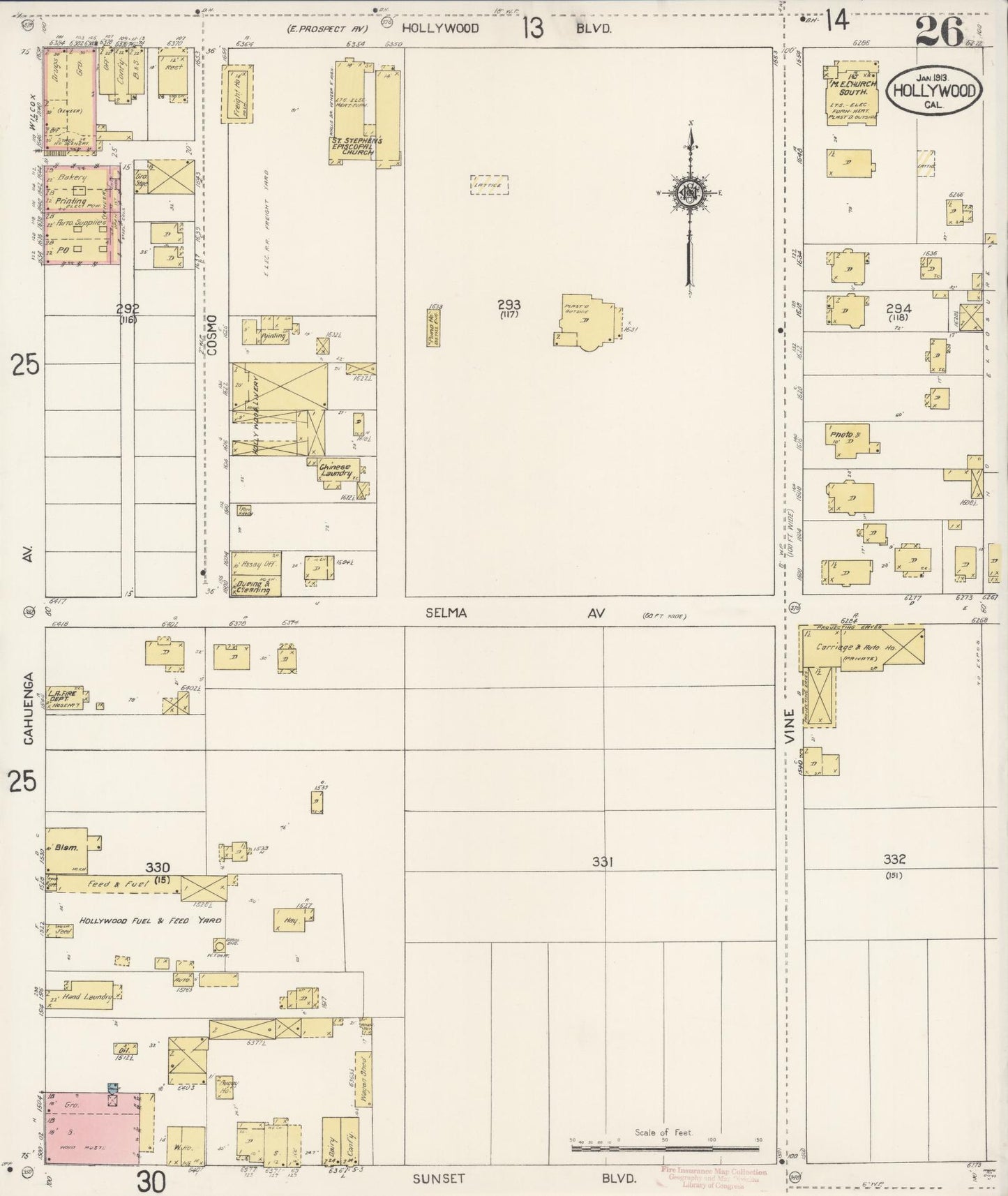Sanborn Fire Insurance Map from Hollywood, Los Angeles County, California (1913), Sheet #0026 - Historic Sanborn Fire Insurance Map Print, vintage old map wall art, antique decor, genealogy gift, California California map