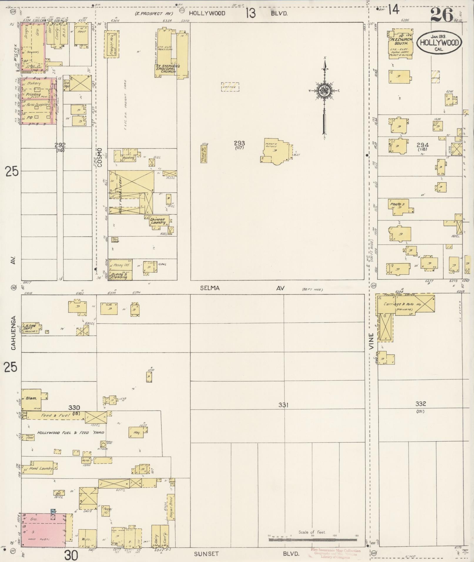 Sanborn Fire Insurance Map from Hollywood, Los Angeles County, California (1913), Sheet #0026 - Historic Sanborn Fire Insurance Map Print, vintage old map wall art, antique decor, genealogy gift, California California map