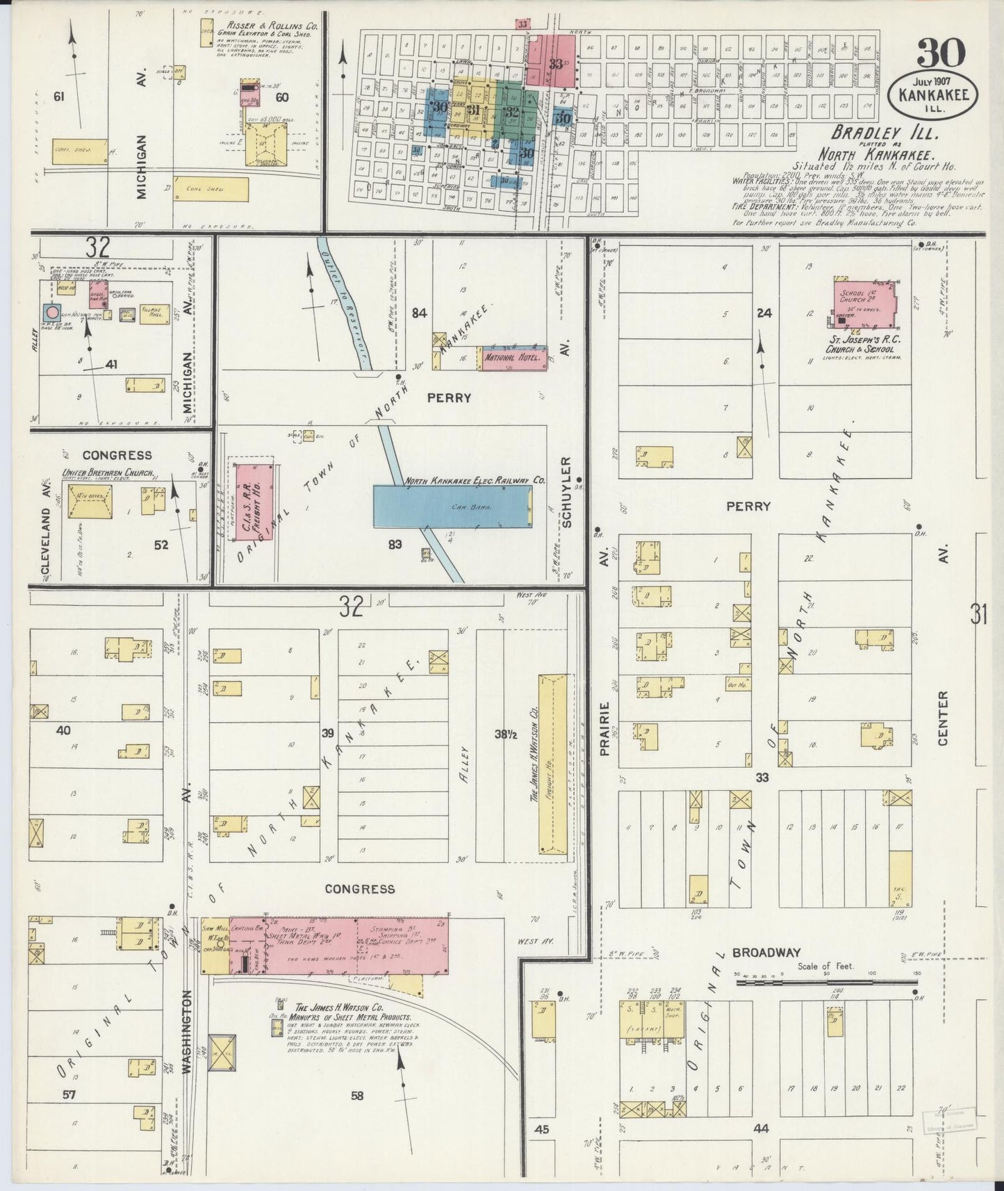 Sanborn Fire Insurance Map from Kankakee, Kankakee County, Illinois (1907), Sheet #0030 - Historic Sanborn Fire Insurance Map Print, vintage old map wall art, antique decor, genealogy gift, Illinois Illinois map