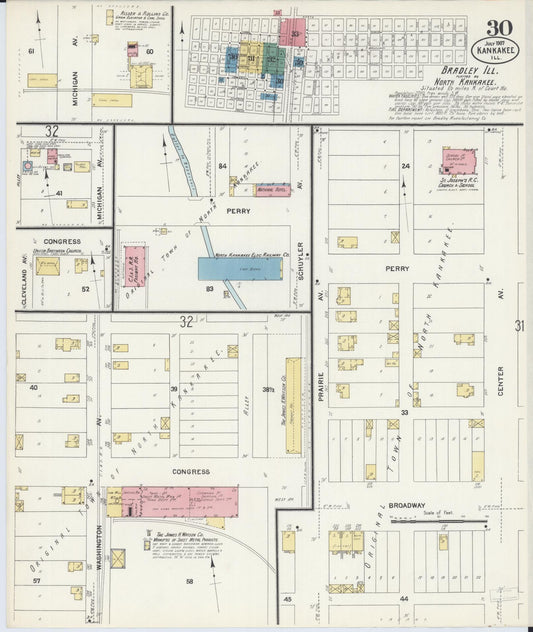 Sanborn Fire Insurance Map from Kankakee, Kankakee County, Illinois (1907), Sheet #0030 - Historic Sanborn Fire Insurance Map Print, vintage old map wall art, antique decor, genealogy gift, Illinois Illinois map