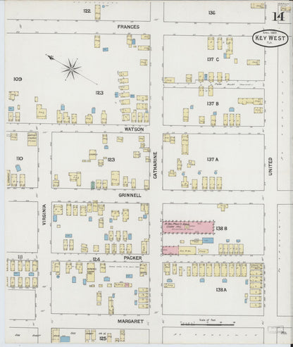 Sanborn Fire Insurance Map from Key West, Monroe County, Florida (1889), Sheet #0014 - Historic Sanborn Fire Insurance Map Print, vintage old map wall art, antique decor, genealogy gift, Florida Florida map