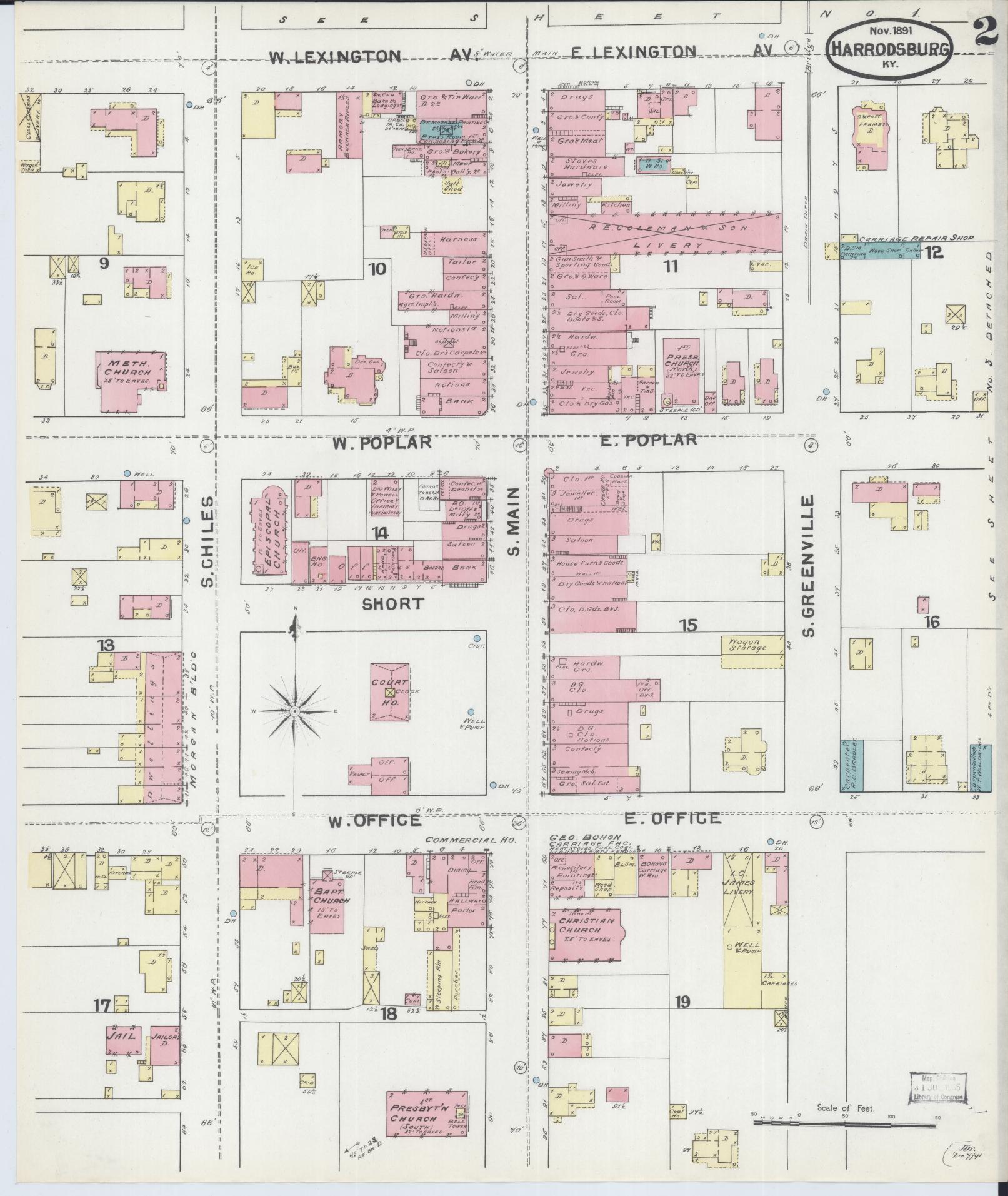 Sanborn Fire Insurance Map from Harrodsburg, Mercer County, Kentucky (1891), Sheet #0002 - Complete Map Set gallery image, historic Sanborn map, vintage wall art, Kentucky Kentucky
