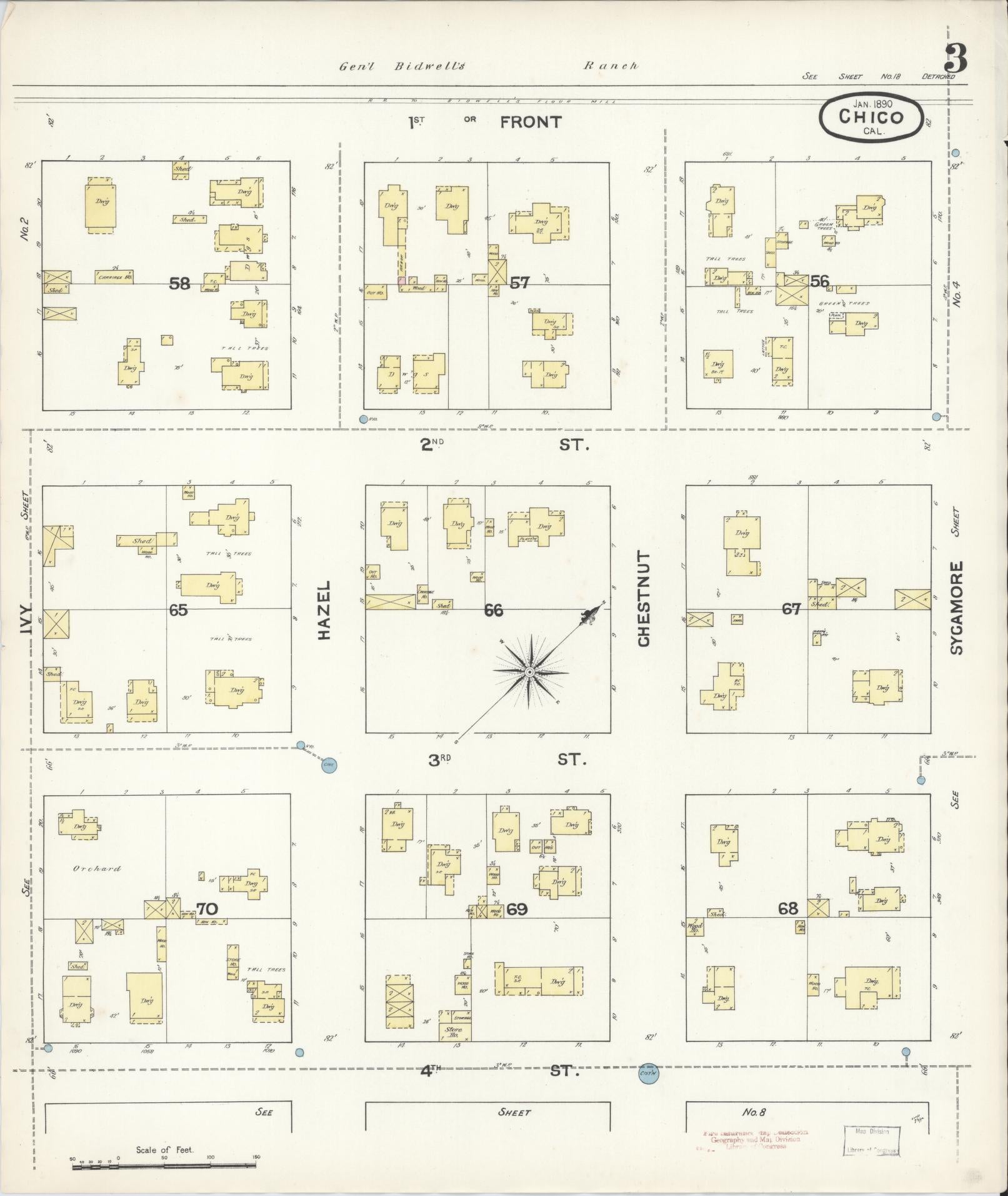 Sanborn Fire Insurance Map from Chico, Butte County, California (1890), Sheet #0003 - Historic Sanborn Fire Insurance Map Print, vintage old map wall art, antique decor, genealogy gift, California California map