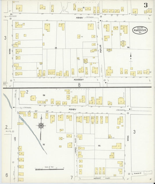 Sanborn Fire Insurance Map from Americus, Sumter County, Georgia (1912), Sheet #0003 - Historic Sanborn Fire Insurance Map Print, vintage old map wall art, antique decor, genealogy gift, Georgia Georgia map