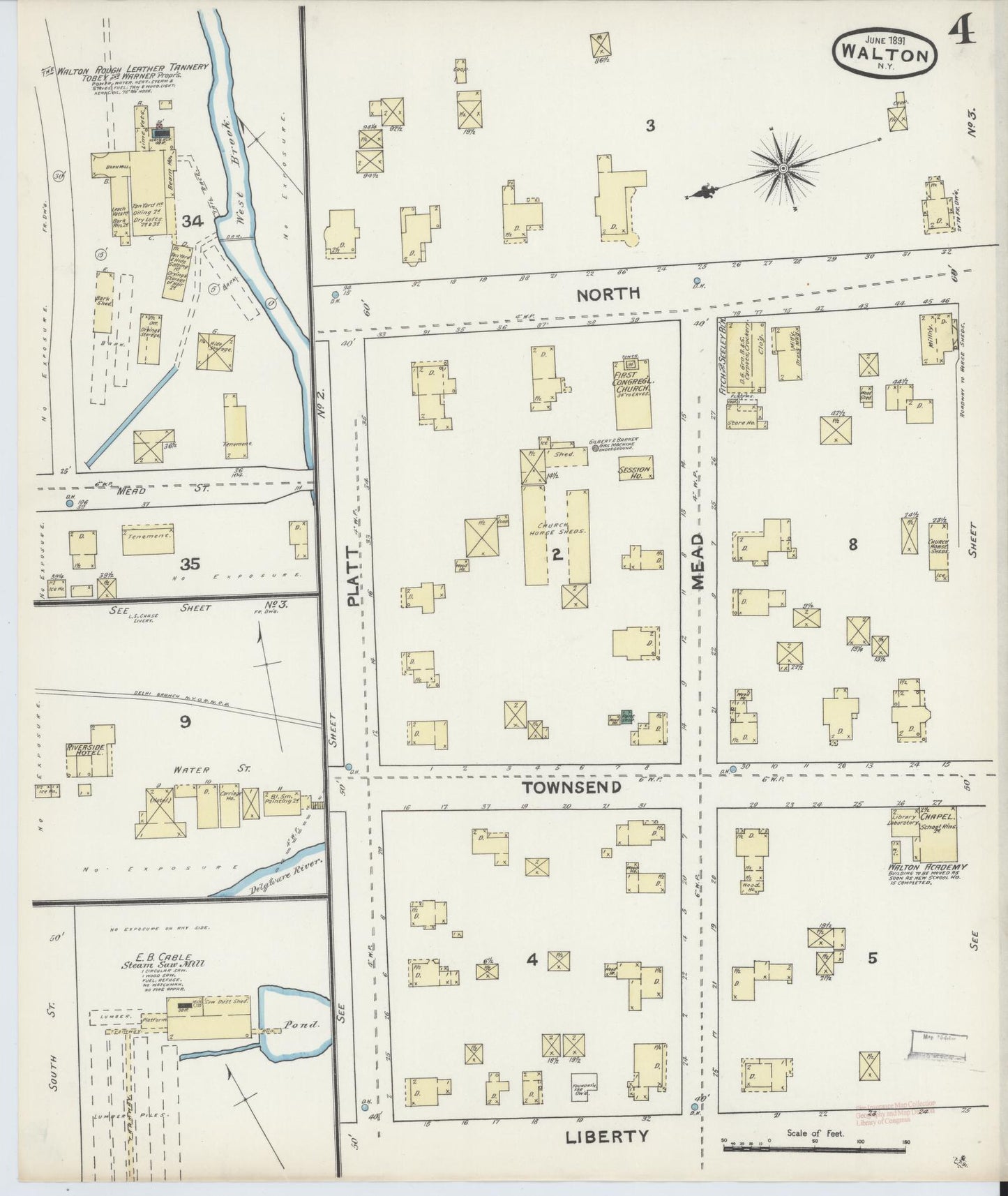 Sanborn Fire Insurance Map from Walton, Delaware County, New York (1891), Sheet #0004 - Complete Map Set gallery image, historic Sanborn map, vintage wall art, Walton Delaware