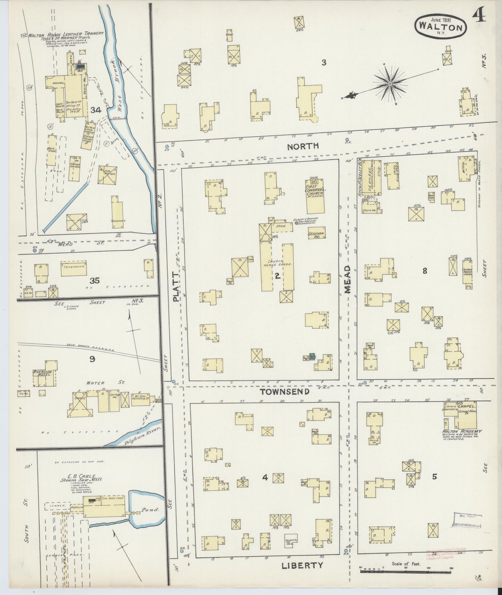 Sanborn Fire Insurance Map from Walton, Delaware County, New York (1891), Sheet #0004 - Complete Map Set gallery image, historic Sanborn map, vintage wall art, Walton Delaware