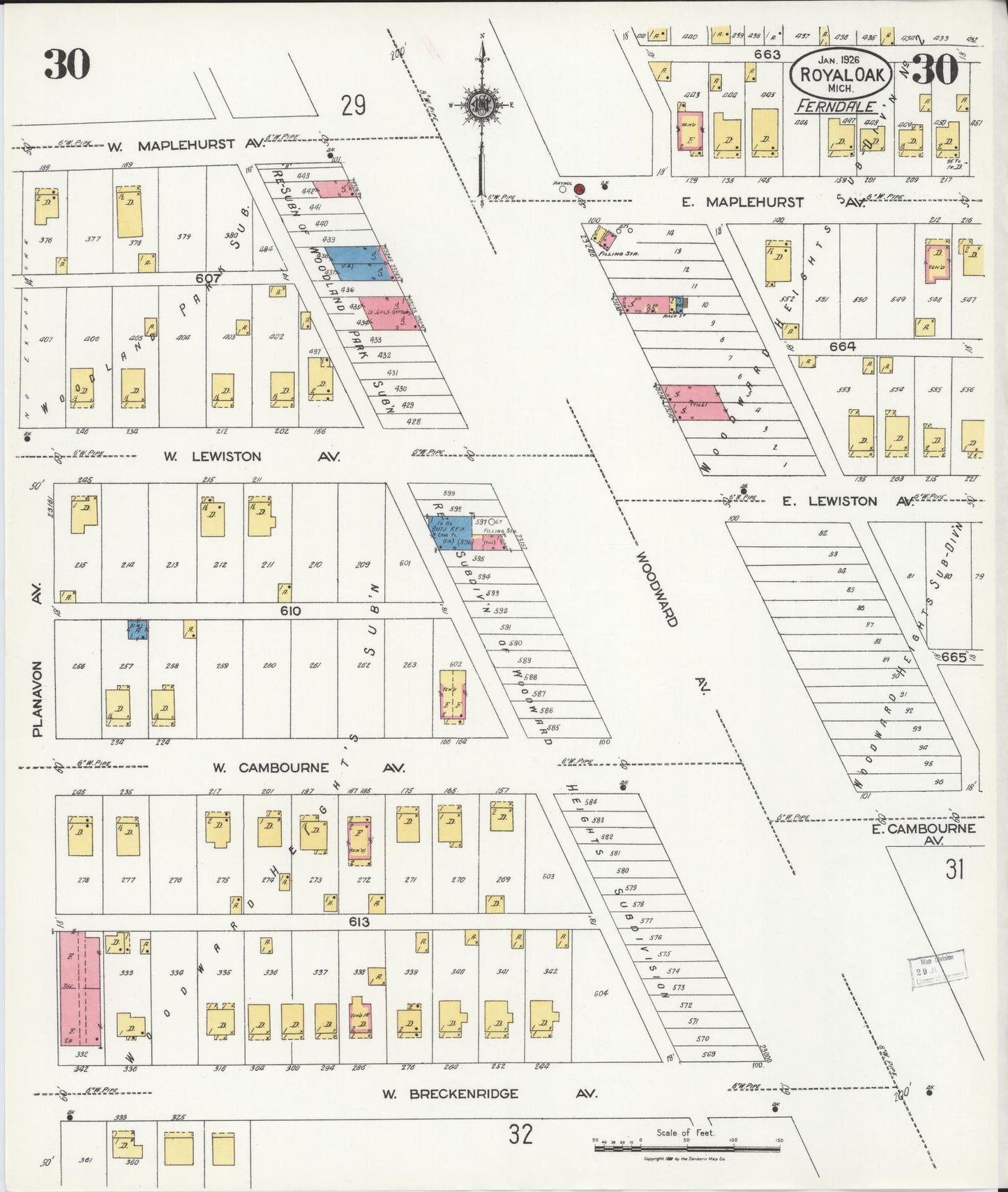 Sanborn Fire Insurance Map from Royal Oak, Oakland County, Michigan (1926), Sheet #0030 - Complete Map Set gallery image, historic Sanborn map, vintage wall art, Michigan Michigan