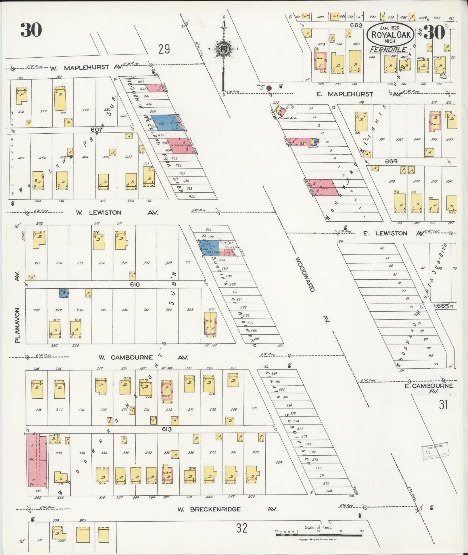 Sanborn Fire Insurance Map from Royal Oak, Oakland County, Michigan (1926), Sheet #0030 - Complete Map Set gallery image, historic Sanborn map, vintage wall art, Michigan Michigan