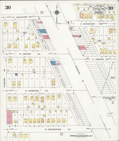 Sanborn Fire Insurance Map from Royal Oak, Oakland County, Michigan (1926), Sheet #0030 - Complete Map Set gallery image, historic Sanborn map, vintage wall art, Michigan Michigan