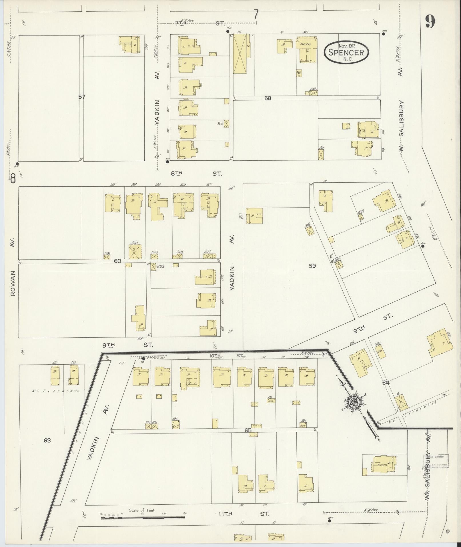 Sanborn Fire Insurance Map from Spencer, Rowan County, North Carolina (1913), Sheet #0009 - Complete Map Set gallery image, historic Sanborn map, vintage wall art, North Carolina North Carolina