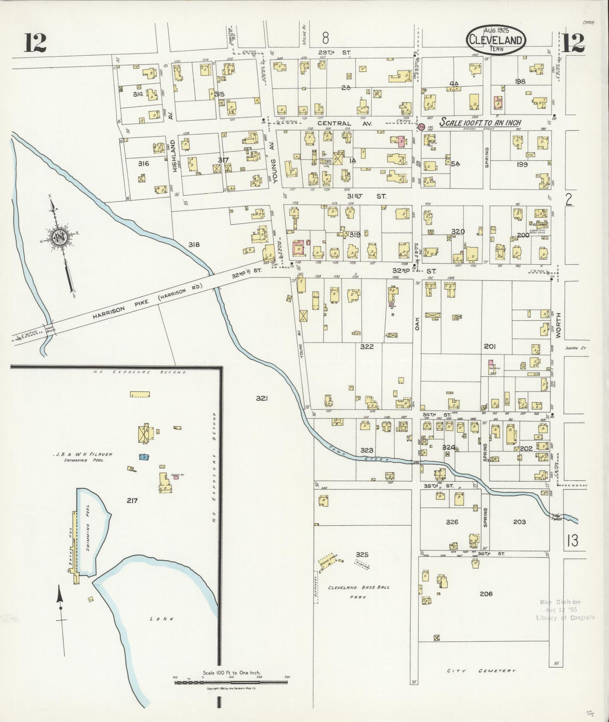 Sanborn Fire Insurance Map from Cleveland, Bradley County, Tennessee (1925), Sheet #0012 - Complete Map Set gallery image, historic Sanborn map, vintage wall art, Tennessee Tennessee