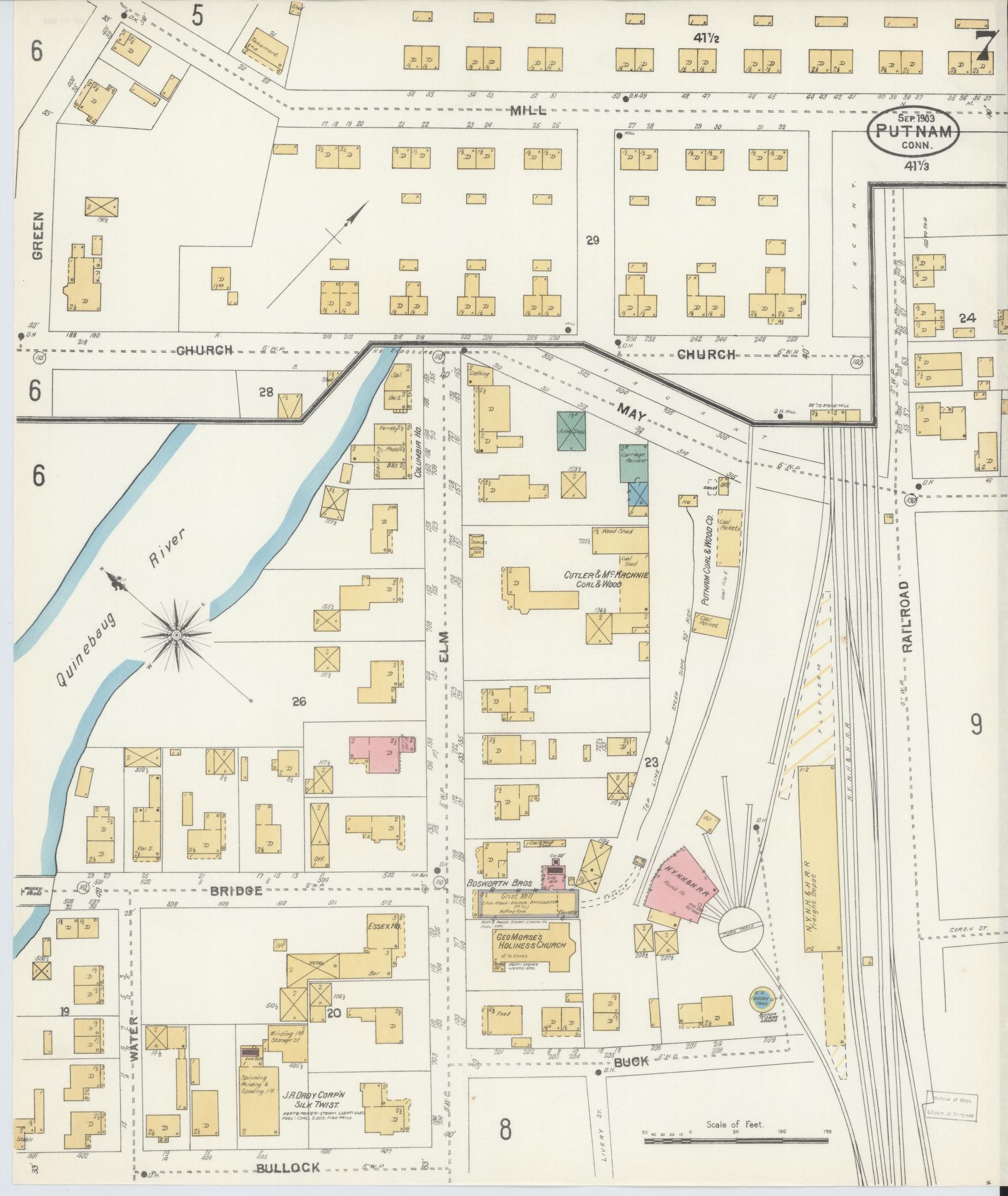 Sanborn Fire Insurance Map from Putnam, Windham County, Connecticut (1903), Sheet #0007 - Historic Sanborn Fire Insurance Map Print, vintage old map wall art, antique decor, genealogy gift, Connecticut Connecticut map