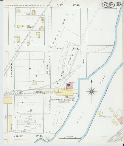Sanborn Fire Insurance Map from Flint, Genesee County, Michigan (1892), Sheet #0013 - Historic Sanborn Fire Insurance Map Print, vintage old map wall art, antique decor, genealogy gift, Michigan Michigan map