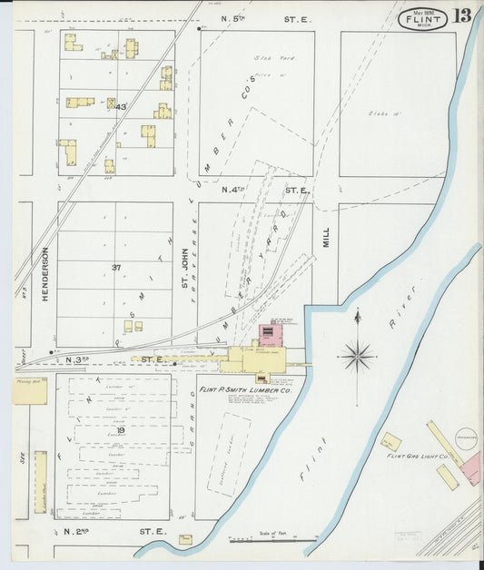 Sanborn Fire Insurance Map from Flint, Genesee County, Michigan (1892), Sheet #0013 - Historic Sanborn Fire Insurance Map Print, vintage old map wall art, antique decor, genealogy gift, Michigan Michigan map