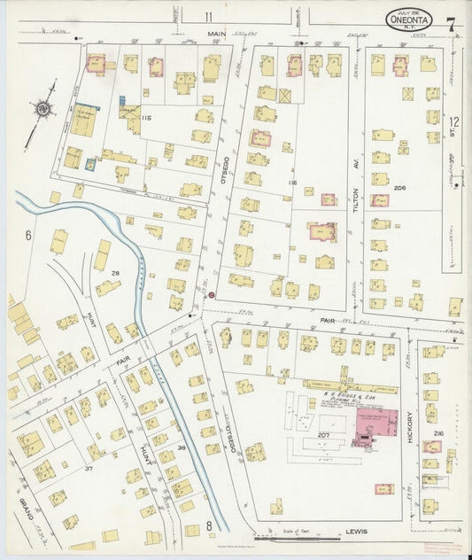 Sanborn Fire Insurance Map from Oneonta, Otsego County, New York (1916), Sheet #0007 - Historic Sanborn Fire Insurance Map Print, vintage old map wall art, antique decor, genealogy gift, New York New York map
