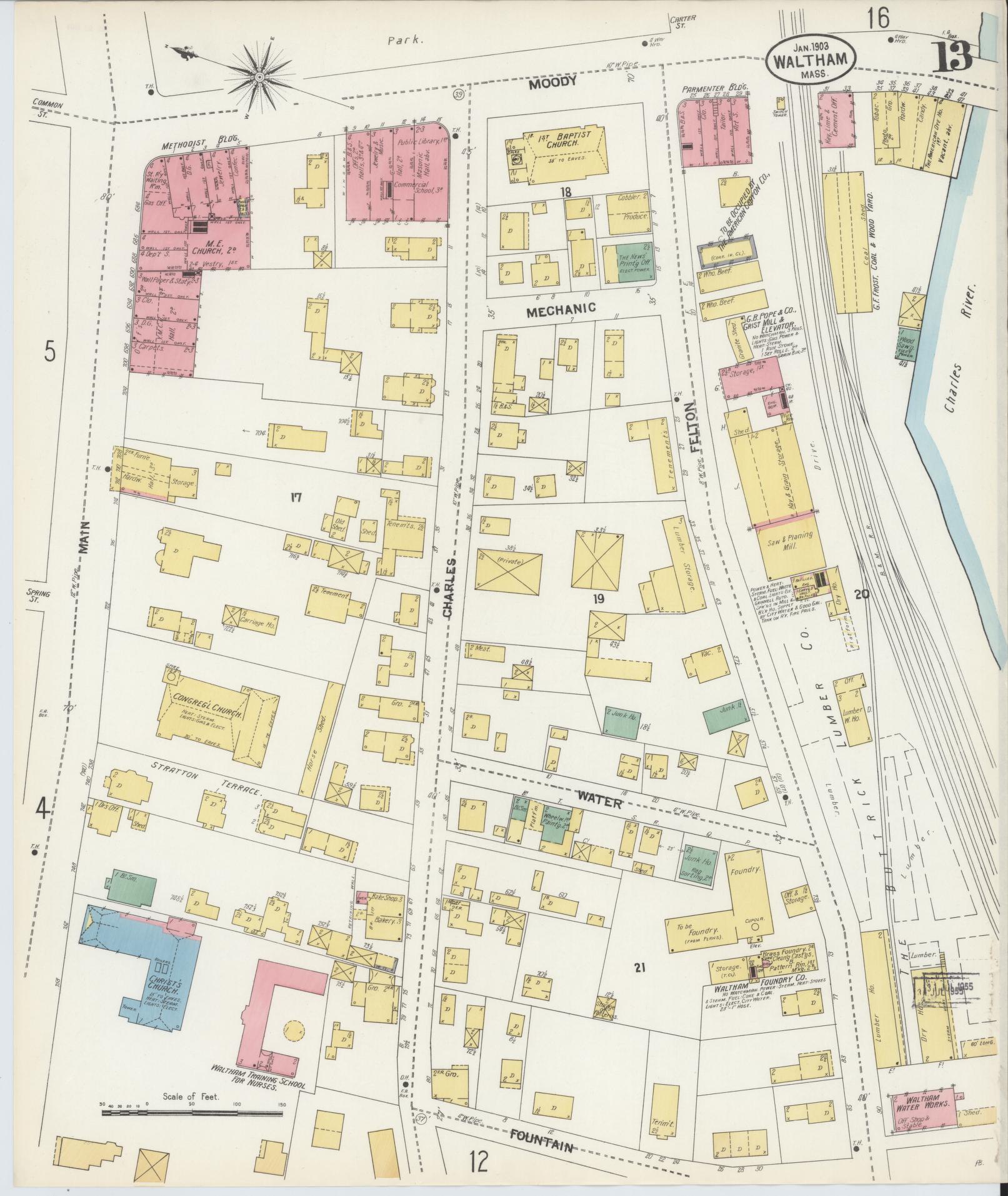 Sanborn Fire Insurance Map from Waltham, Middlesex County, Massachusetts (1903), Sheet #0013 - Complete Map Set gallery image, historic Sanborn map, vintage wall art, Massachusetts Massachusetts