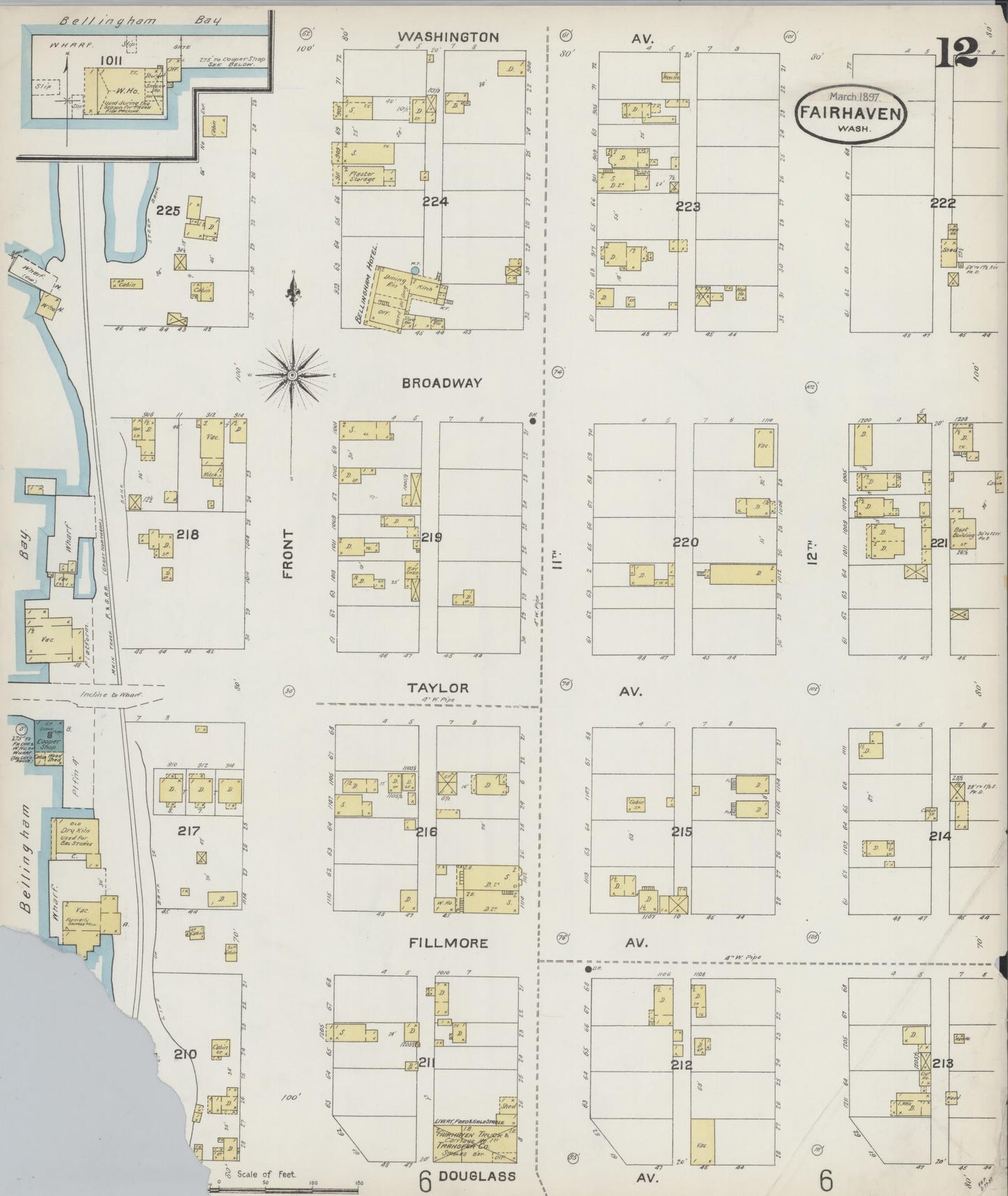 Sanborn Fire Insurance Map from Fairhaven [see also Bellingham and Sehome], Whatcom County, Washington (1897), Sheet #0012 - Historic Sanborn Fire Insurance Map Print, vintage old map wall art, antique decor, genealogy gift, Washington Washington map