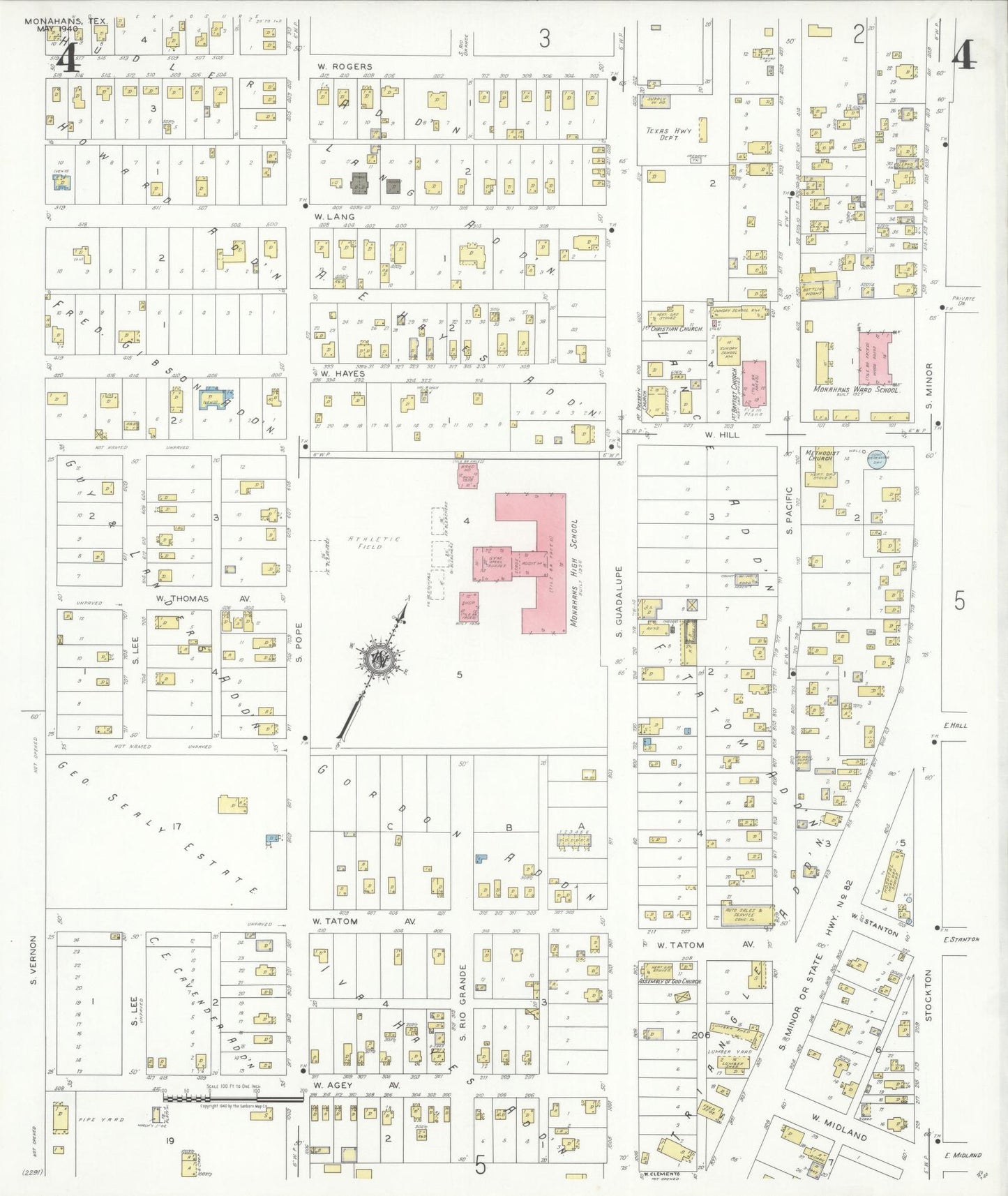 Sanborn Fire Insurance Map from Monahans, Ward County, Texas (1940), Sheet #0004 - Historic Sanborn Fire Insurance Map Print, vintage old map wall art, antique decor, genealogy gift, Texas Texas map
