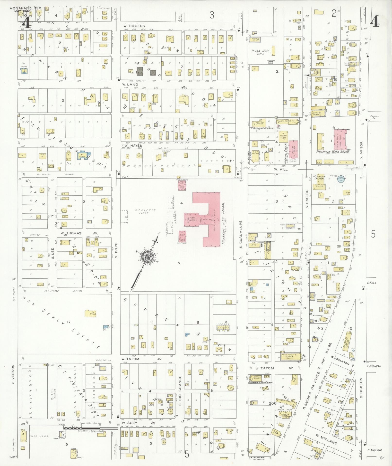 Sanborn Fire Insurance Map from Monahans, Ward County, Texas (1940), Sheet #0004 - Historic Sanborn Fire Insurance Map Print, vintage old map wall art, antique decor, genealogy gift, Texas Texas map