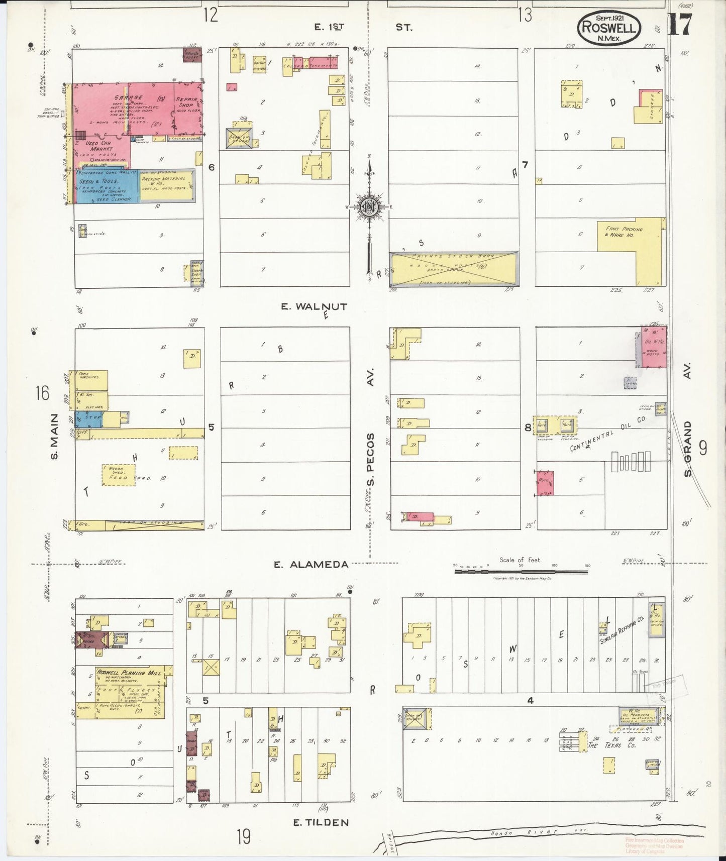 Sanborn Fire Insurance Map from Roswell, Chaves County, New Mexico (1921), Sheet #0017 - Historic Sanborn Fire Insurance Map Print, vintage old map wall art, antique decor, genealogy gift, New Mexico New Mexico map