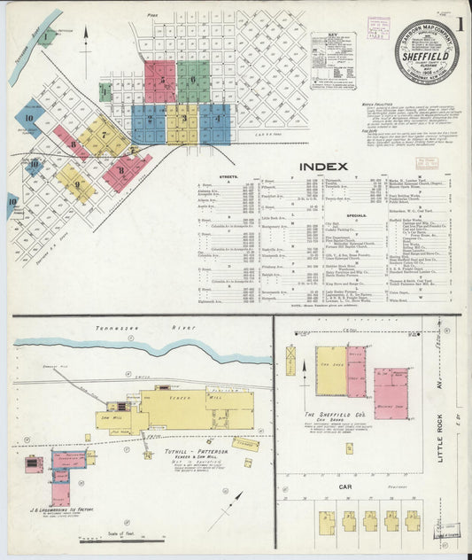 Sanborn Fire Insurance Map from Sheffield, Colbert County, Alabama (1908), Sheet #0001 - Complete Map Set gallery image, historic Sanborn map, vintage wall art, Alabama Alabama