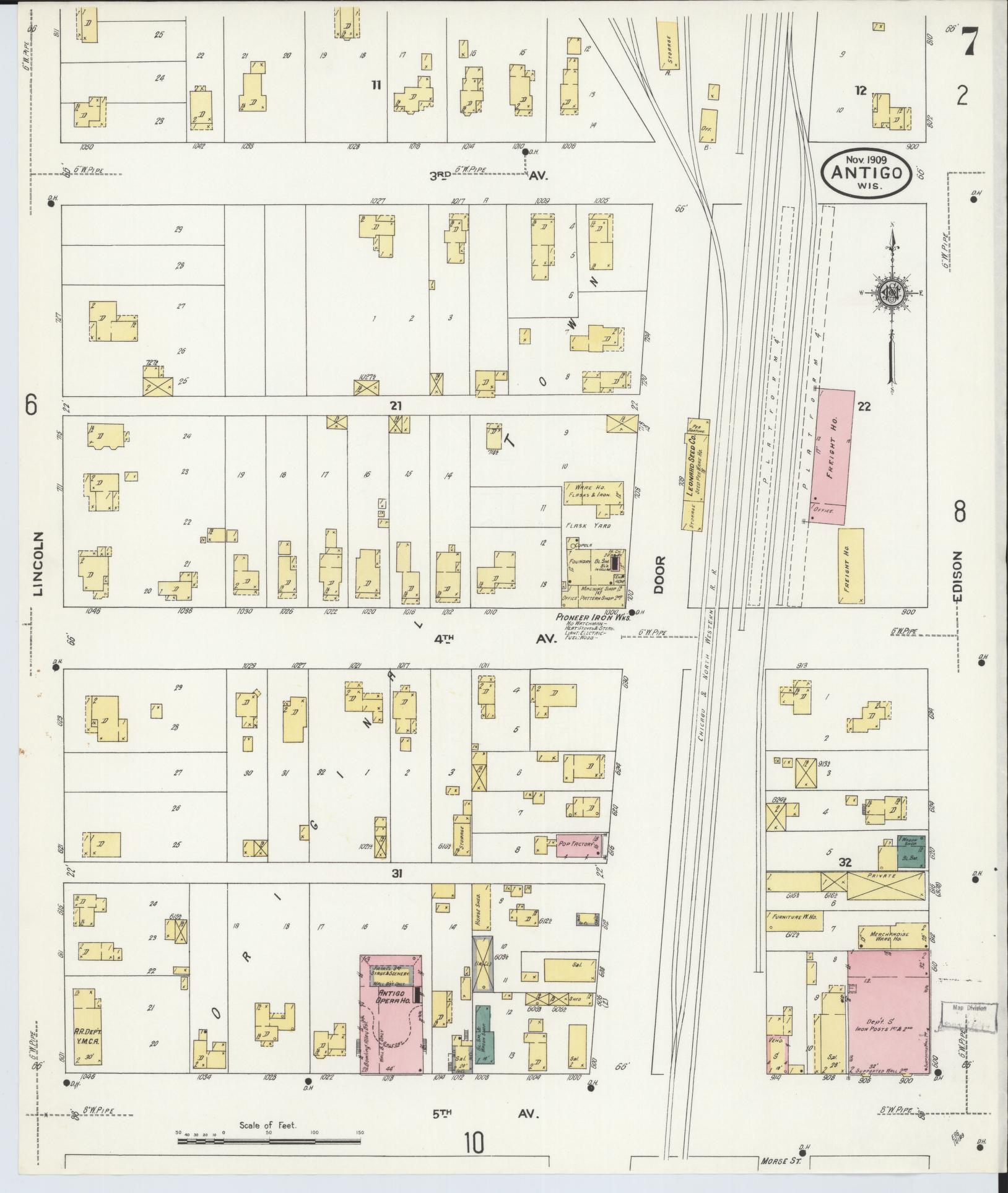 Sanborn Fire Insurance Map from Antigo, Langlade County, Wisconsin (1909), Sheet #0007 - Historic Sanborn Fire Insurance Map Print, vintage old map wall art, antique decor, genealogy gift, Wisconsin Wisconsin map