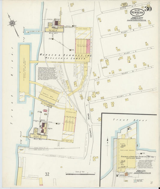 Sanborn Fire Insurance Map from New Bern, Craven County, North Carolina (1913), Sheet #0030 - Historic Sanborn Fire Insurance Map Print, vintage old map wall art, antique decor, genealogy gift, North Carolina North Carolina map