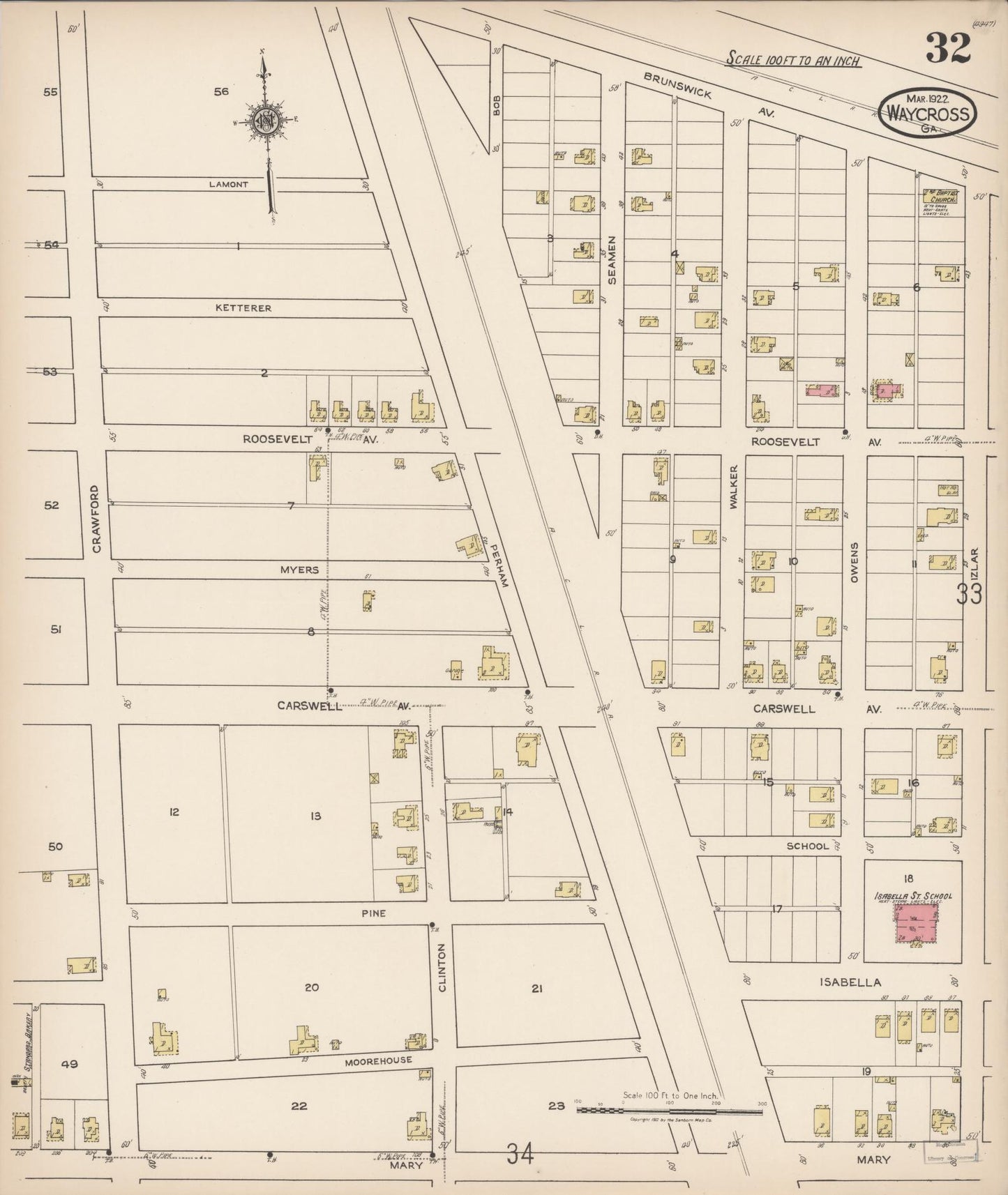 Sanborn Fire Insurance Map from Waycross, Ware County, Georgia (1922), Sheet #0032 - Historic Sanborn Fire Insurance Map Print, vintage old map wall art, antique decor, genealogy gift, Georgia Georgia map