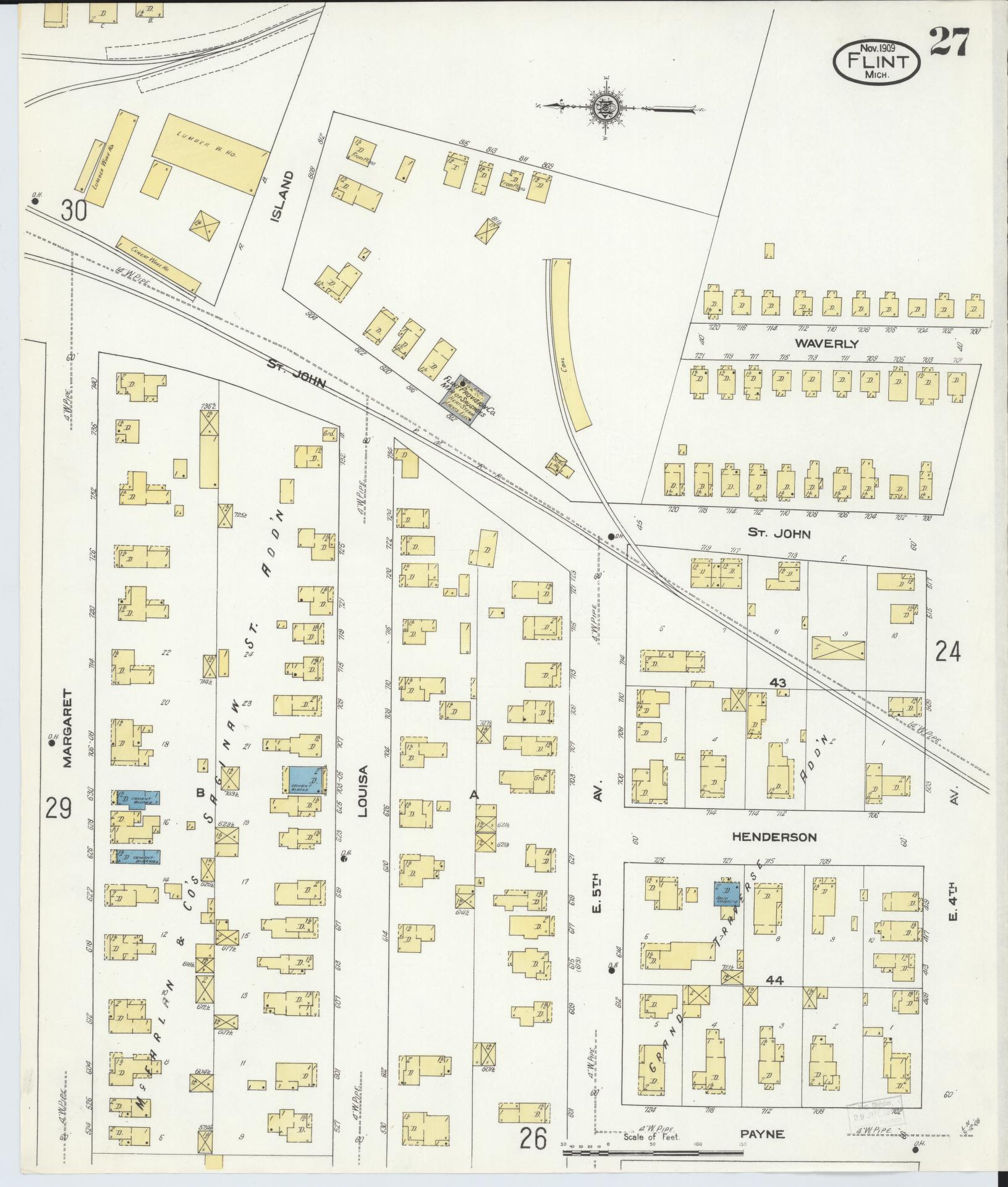 Sanborn Fire Insurance Map from Flint, Genesee County, Michigan (1909), Sheet #0027 - Complete Map Set gallery image, historic Sanborn map, vintage wall art, Michigan Michigan