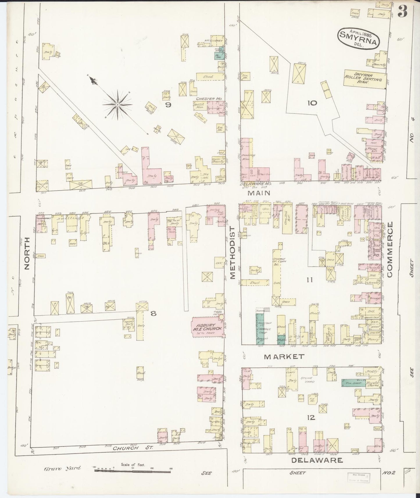 Sanborn Fire Insurance Map from Smyrna, Kent County, Delaware (1885), Sheet #0003 - Complete Map Set gallery image, historic Sanborn map, vintage wall art, Delaware Delaware