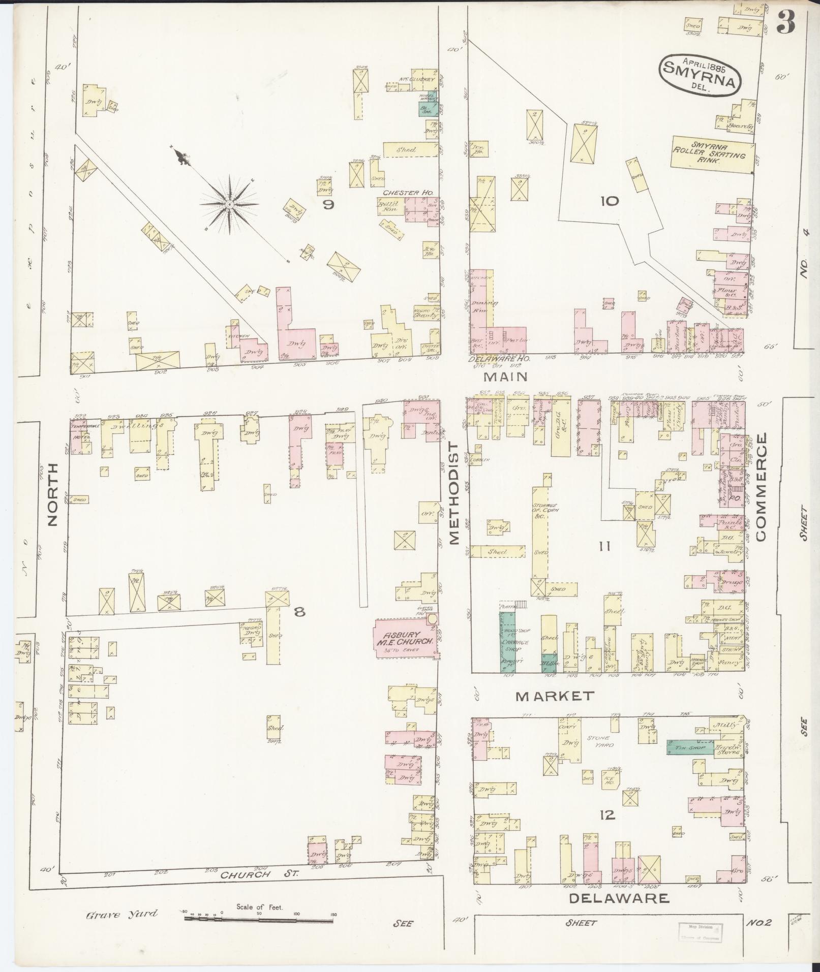Sanborn Fire Insurance Map from Smyrna, Kent County, Delaware (1885), Sheet #0003 - Complete Map Set gallery image, historic Sanborn map, vintage wall art, Delaware Delaware