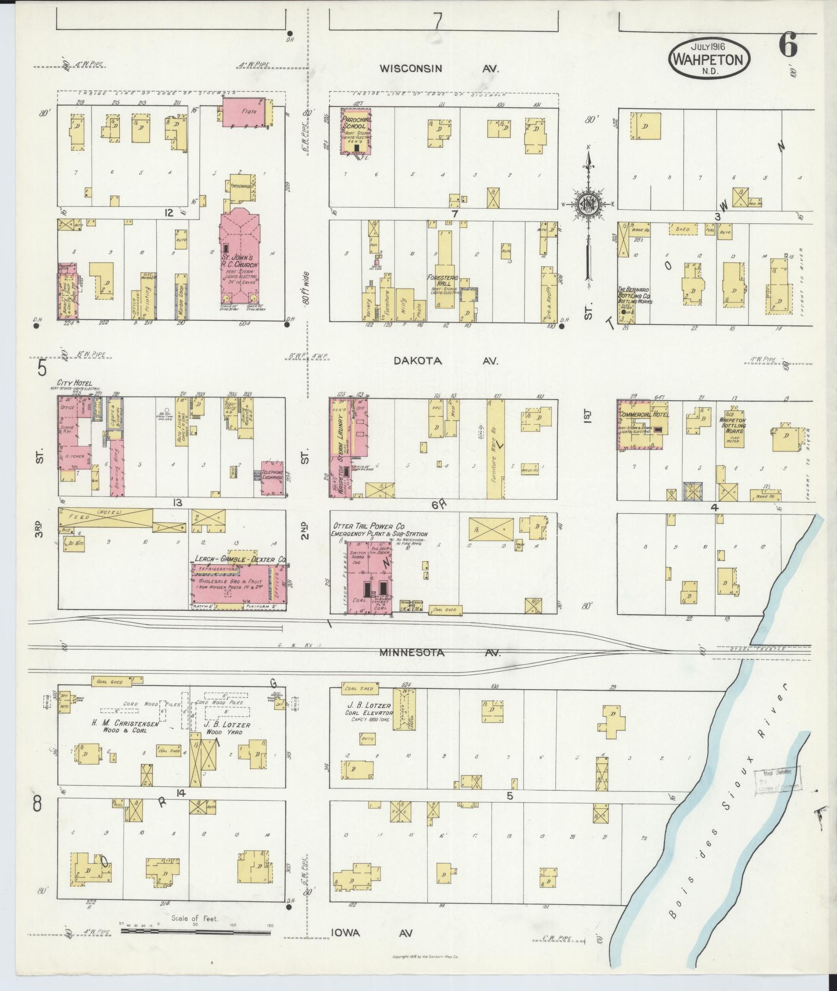 Sanborn Fire Insurance Map from Wahpeton, Richland County, North Dakota (1916), Sheet #0006 - Complete Map Set gallery image, historic Sanborn map, vintage wall art, North Dakota North Dakota