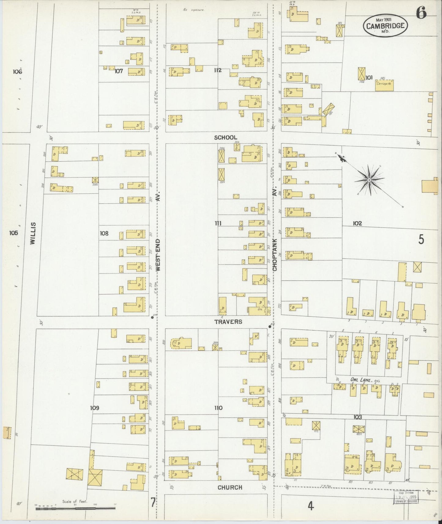 Dorchester, Maryland - 1901 - Sanborn Fire Insurance Map, Sheet #0006 - Historic Sanborn Fire Insurance Map Print, Dorchester Maryland 1901 0006 vintage old map wall art